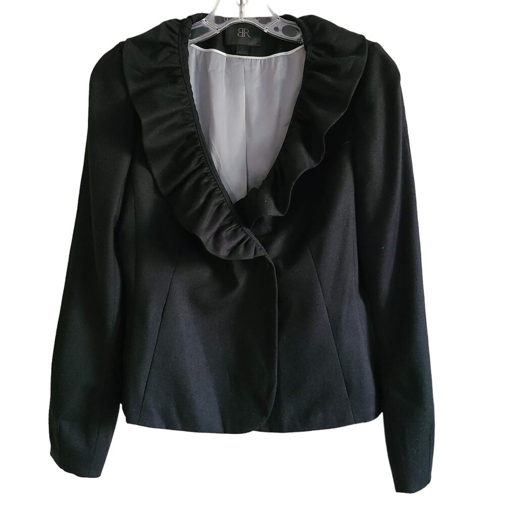 BANANA REPUBLIC Wool Cashmere Ruffled Lapel Button Front Black Blazer Women's 2 - Picture 1 of 11